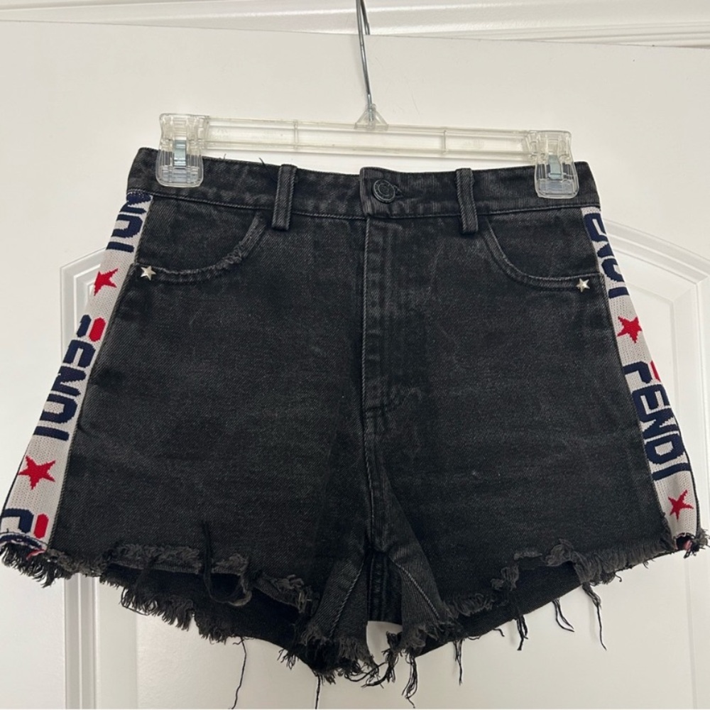 Fendi Black Denim Jean Shorts with Branded Side Tape